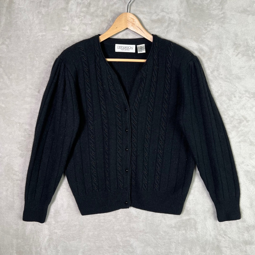 Vintage Persuasion for Petites Lambswool Angora Pearl Cardigan Sweater Black PL
